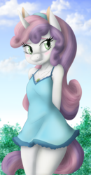 Size: 3000x5783 | Tagged: safe, artist:ambris, artist:kurausuki, sweetie belle, unicorn, anthro, g4, absurd resolution, blushing, clothes, dress, female, hairband, hands behind back, smiling, solo