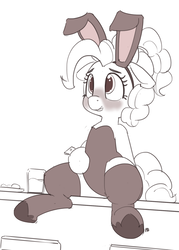 Size: 1280x1783 | Tagged: safe, artist:pabbley, pinkie pie, earth pony, pony, g4, blushing, bunny ears, bunny suit, clothes, female, floppy ears, leotard, mare, monochrome, simple background, solo, white background