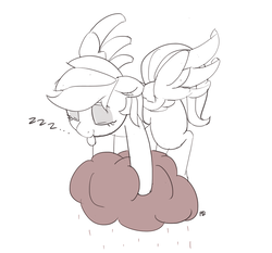 Size: 1280x1191 | Tagged: safe, artist:pabbley, rainbow dash, pony, g4, cloud, female, flying, monochrome, rain, simple background, sleepflying, sleeping, solo, tongue out, white background, zzz