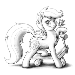 Size: 1000x1000 | Tagged: safe, artist:blue-paint-sea, scootaloo, pony, g4, female, looking at you, monochrome, scooter, signature, simple background, sketch, smiling, solo, white background