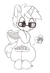 Size: 1280x1863 | Tagged: safe, artist:pabbley, oc, oc only, oc:bandy cyoot, oc:lore love, pony, raccoon pony, box of chocolates, glasses, monochrome, one eye closed, simple background, sitting, tongue out, valentine, valentine's day, white background, wink