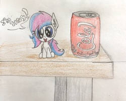 Size: 2767x2222 | Tagged: safe, artist:professionalpuppy, oc, oc only, pony, heart eyes, high res, micro, solo, table, tiny ponies, traditional art, wingding eyes