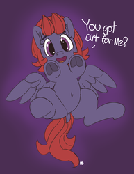 Size: 1280x1657 | Tagged: safe, artist:pabbley, oc, oc only, oc:quick draw, pony, belly button, dialogue, dock, on back, open mouth, simple background, solo, spread wings, underhoof, white background