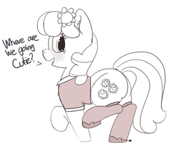 Size: 1280x1077 | Tagged: safe, artist:pabbley, cheerilee, earth pony, pony, g4, blushing, clothes, dialogue, female, monochrome, open mouth, shirt, simple background, socks, solo, stockings, thigh highs, walking, white background