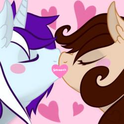 Size: 2000x2000 | Tagged: safe, artist:maranora, oc, oc only, oc:dancelight, oc:sugar crayon, dancelight, female, hearts and hooves day, high res, kissing, male, pink, smooch, straight, sugar crayon, valentine's day