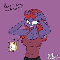 Size: 1500x1500 | Tagged: safe, artist:novaspark, oc, oc only, oc:quick draw, anthro, 30 minute art challenge, alarm clock, armpits, breasts, cleavage, clock, clothes, dialogue, female, flat colors, purple background, simple background, solo, tank top