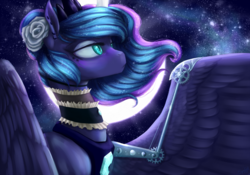 Size: 3437x2408 | Tagged: safe, artist:alicjaspring, princess luna, pony, g4, artificial wings, augmented, female, flower, flower in hair, high res, mechanical wing, moon, new lunar republic, redraw, solo, stars, wings