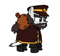Size: 640x600 | Tagged: safe, artist:ficficponyfic, color edit, edit, oc, oc only, oc:venator, pony, colt quest, adult, arrow, bag, beard, boots, bush, clothes, color, colored, demon hunter, emblem, facial hair, forest, hat, male, overcoat, sack, solo, stallion, story included, sword, weapon