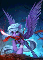 Size: 580x800 | Tagged: safe, artist:imiokun, artist:yakovlev-vad, oc, oc only, pegasus, pony, animated, cinemagraph, clothes, gif, looking at you, male, mouth hold, not luna, scarf, solo, stallion, sword, weapon