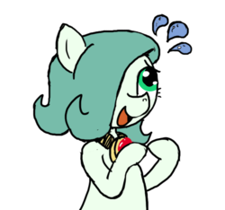 Size: 640x600 | Tagged: safe, artist:ficficponyfic, color edit, edit, oc, oc only, oc:emerald jewel, earth pony, pony, colt quest, amulet, child, color, colored, colt, cute, femboy, foal, grin, hair over one eye, male, nervous, nervous grin, smiling, solo, sweat, trap, worried