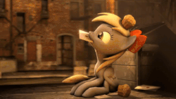 Size: 420x237 | Tagged: safe, artist:sourcerabbit, derpy hooves, pegasus, pony, g4, 3d, animated, back alley, behaving like a dog, cute, derpabetes, female, food, gif, head tilt, letter, muffin, ribbon, solo, source filmmaker, sourcerabbit is trying to murder us, weapons-grade cute