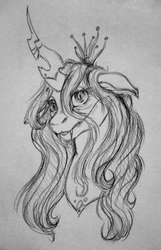 Size: 645x1001 | Tagged: safe, artist:skior, queen chrysalis, changeling, changeling queen, g4, bust, crown, female, grayscale, jewelry, monochrome, portrait, regalia, solo, traditional art