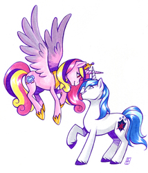 Size: 1575x1839 | Tagged: safe, artist:valkyrie-girl, princess cadance, shining armor, g4, eye contact, female, looking at each other, male, ship:shiningcadance, shipping, simple background, straight, traditional art, white background