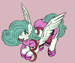 Size: 1075x903 | Tagged: safe, artist:hipsanon, oc, oc only, oc:emerald jewel, pegasus, pony, colt quest, arrow, blushing, bow (weapon), child, clothes, colt, crossdressing, cupid, cute, dress, femboy, foal, hair over one eye, heart, hearts and hooves day, hnnng, huge mane, male, quiver, race swap, shoes, solo, toga, transgender, trap, valentine's day, weapons-grade cute, wings