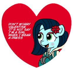 Size: 640x600 | Tagged: safe, artist:ficficponyfic, edit, edited edit, oc, oc only, oc:emerald jewel, pony, colt quest, clothes, color, colt, crossdressing, dress, eyeshadow, femboy, flower, flower in hair, foal, heart, hearts and hooves day, makeup, male, nervous, shoes, solo, trap, valentine, valentine's day