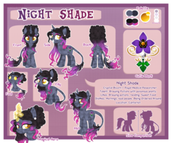 Size: 1024x853 | Tagged: safe, artist:kazziepones, oc, oc only, oc:night shade, bicorn, crystal pony, crystal unicorn, pony, baby, baby pony, butt, female, filly, horn, magic, male, mare, plot, reference sheet, rule 63, stallion