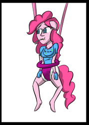 Size: 1248x1740 | Tagged: safe, artist:diaperednight, pinkie pie, equestria girls, g4, baby bouncer, bib, clothes, diaper, feeding, female, floppy ears, hypnosis, mental regression, mittens, non-baby in diaper, ponied up, shirt, solo, swirly eyes