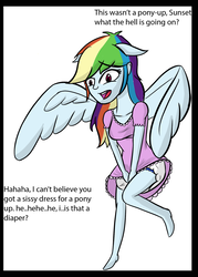 Size: 1248x1740 | Tagged: safe, artist:diaperednight, rainbow dash, equestria girls, g4, clothes, diaper, dress, female, floppy ears, four ears, non-baby in diaper, ponied up, poofy diaper, rainbow dash always dresses in style, solo