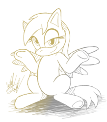 Size: 958x1100 | Tagged: safe, artist:fuzon-s, derpy hooves, pegasus, pony, g4, artflow, female, gradient lineart, lidded eyes, looking at you, male, mare, shrug, sitting, sketch, smirk, solo, sonic the hedgehog (series), spread wings, style emulation, underhoof, yuji uekawa style