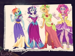 Size: 4608x3456 | Tagged: safe, artist:kyotoxart, applejack, pinkie pie, rainbow dash, rarity, anthro, g4, beautiful, clothes, colored sketch, cute, dress, gala dress, group, high heels, high res, looking at you, sketchbook, smiling, traditional art