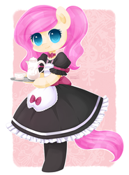 Size: 600x811 | Tagged: safe, artist:exceru-karina, oc, oc only, oc:bloom flower, anthro, clothes, coffee, dress, maid, solo