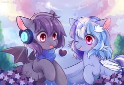 Size: 2952x2031 | Tagged: safe, artist:nitrogenowo, oc, oc only, alicorn, bat pony, bat pony alicorn, pony, alicorn oc, cloud, cute, duo, flower, glowing horn, headphones, heart, high res, horn, magic, multicolored hair, ocbetes, one eye closed, open mouth, raised hoof, sky, smiling, wink