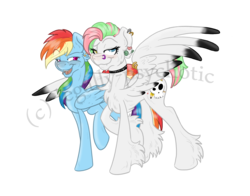Size: 2300x1800 | Tagged: safe, artist:cranberry--zombie, rainbow dash, oc, oc:stained glass, pegasus, pony, g4, canon x oc, colored wings, colored wingtips, ear piercing, female, lesbian, mare, nose piercing, piercing, shipping, simple background, transparent background, unshorn fetlocks, wing piercing
