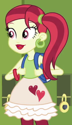 Size: 225x394 | Tagged: safe, screencap, rose heart, equestria girls, g4, my little pony equestria girls, background human, backpack, bracelet, clothes, cropped, ear piercing, earring, female, jewelry, lockers, piercing, side ponytail, skirt, solo, tank top