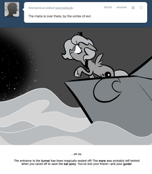 Size: 666x763 | Tagged: safe, artist:egophiliac, princess luna, pony, moonstuck, g4, cartographer's hat-boat, female, filly, grayscale, monochrome, raised hoof, solo, tumblr, tumblr comic, vortex, water, woona, younger