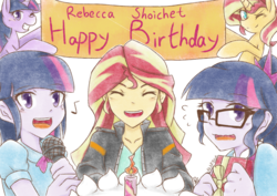 Size: 1910x1350 | Tagged: safe, artist:aka-ryuga, sci-twi, sunset shimmer, twilight sparkle, equestria girls, g4, banner, birthday, cake, clothes, eyes closed, female, food, happy birthday, heart, jacket, lesbian, looking at you, microphone, present, rebecca shoichet, self ponidox, ship:sci-twishimmer, ship:sunset twiangle, ship:sunsetsparkle, shipping, smiling, sunset gets all the twilights, twolight
