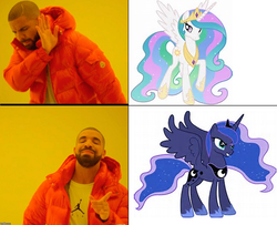 Size: 536x436 | Tagged: safe, princess celestia, princess luna, alicorn, human, pony, g4, background pony strikes again, celestia hate, drake, female, hotline bling, irl, irl human, mare, meme, op is a duck, photo, royal sisters, siblings, sisters