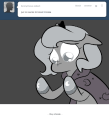 Size: 666x763 | Tagged: safe, artist:egophiliac, princess luna, pony, moonstuck, g4, animated, clothes, cute, eye shimmer, female, filly, gif, grayscale, lip quiver, lunabetes, marauder's mantle, monochrome, pouting, socks, solo, tumblr, tumblr comic, woona, younger