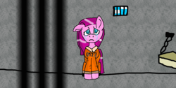 Size: 1560x789 | Tagged: safe, artist:tinaart2305, pinkie pie, earth pony, pony, g4, clothes, crying, female, jumpsuit, pinkamena diane pie, prison, prison outfit, prisoner, prisoner pp, sad, solo