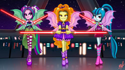 Size: 1024x576 | Tagged: safe, artist:viktor-tyt, adagio dazzle, aria blaze, sonata dusk, equestria girls, g4, boots, double lightsaber, high heel boots, high heels, lightsaber, nightsisters, ponytail, sith, sparkles, star wars, the dazzlings, weapon, wings