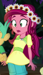 Size: 419x719 | Tagged: safe, screencap, gloriosa daisy, snails, snips, equestria girls, g4, my little pony equestria girls: legend of everfree, flower, flower in hair, magical geodes, solo focus