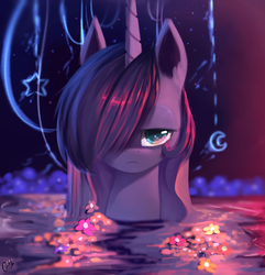 Size: 1543x1600 | Tagged: dead source, safe, artist:gianghanz, princess luna, pony, g4, crescent moon, female, flower, hair over one eye, lidded eyes, looking at you, missing accessory, moon, solo, stars, wet mane