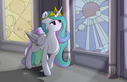 Size: 10200x6600 | Tagged: safe, artist:lula-moonarts, princess celestia, pony, g4, absurd resolution, female, hallway, solo, stained glass