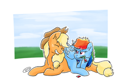 Size: 3000x2000 | Tagged: safe, artist:ruushiicz, applejack, rainbow dash, g4, cowboy hat, eyes closed, female, flower, hat, high res, laughing, lesbian, messy mane, mouth hold, prone, rose, ship:appledash, shipping, stetson