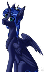 Size: 1024x1656 | Tagged: safe, artist:drawitwriteit, artist:nightstarss, princess luna, pony, g4, alternate hairstyle, chest fluff, collaboration, ear fluff, female, looking back, s1 luna, simple background, solo, spread wings, transparent background