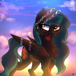 Size: 2000x2000 | Tagged: safe, artist:zaphyray, oc, oc only, pegasus, pony, chains, chest fluff, female, flower, flower in mouth, high res, mare, mouth hold, solo, sunrise