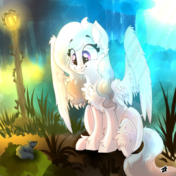 Size: 1700x1700 | Tagged: safe, artist:zaphyray, oc, oc only, pegasus, pony, squirrel, chest fluff, crepuscular rays, ear fluff, female, forest, mare, solo, sun