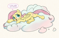 Size: 1280x831 | Tagged: safe, artist:pencils, fluttershy, pegasus, pony, g4, blatant lies, cloud, cute, cutie mark, dialogue, female, folded wings, hilarious in hindsight, hooves, looking sideways, looking up, lying down, lying on a cloud, mare, on a cloud, open mouth, out of character, pure unfiltered evil, shyabetes, smiling, solo, speech bubble, wings