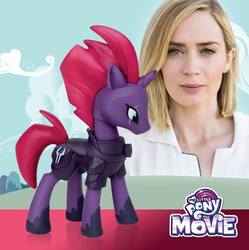 Size: 812x814 | Tagged: safe, fizzlepop berrytwist, tempest shadow, human, pony, unicorn, g4, my little pony: the movie, official, armor, broken horn, clothes, emily blunt, eye scar, facebook, female, guardians of harmony, horn, irl, irl human, logo, mare, photo, scar, shoes, toy, with their characters