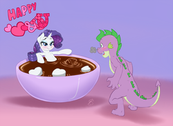 Size: 900x660 | Tagged: safe, artist:pia-sama, rarity, spike, dragon, pony, unicorn, g4, bath, blushing, chocolate, cup, cup of pony, drink, female, food, hot chocolate, male, marshmallow, micro, older, rarity is a marshmallow, ship:sparity, shipping, smiling, straight, valentine's day