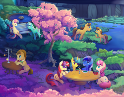 Size: 2100x1650 | Tagged: safe, artist:viwrastupr, bon bon, caramel, doctor whooves, lemon hearts, lyra heartstrings, minuette, moondancer, sweetie drops, time turner, toffee, twinkleshine, changeling, pony, g4, beautiful, canterlot five, color porn, cup, curved horn, drink, fascinating, food, friends, glass, glasses, glowing horn, horn, lake, looking at each other, magic, male, model, necktie, park, raised hoof, salad, scenery, self ponidox, smiling, solar system, solar system model, stallion, surprised, table, tree, water