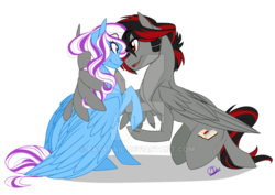 Size: 800x566 | Tagged: safe, artist:basykail, oc, oc only, oc:dark blitz, oc:feather inkhoof, pegasus, pony, commission, concave belly, cute, female, looking at each other, male, mare, oc x oc, shipping, simple background, slender, smiling, stallion, straight, thin, transparent background, watermark, wing hands