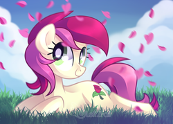 Size: 1280x914 | Tagged: dead source, safe, artist:drawntildawn, roseluck, earth pony, pony, g4, cloud, cute, female, flower petals, grass, mare, petals, prone, rose petals, sky, smiling, solo, watermark
