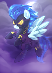 Size: 600x840 | Tagged: dead source, safe, artist:drawntildawn, nightshade, pegasus, pony, friendship is magic, g4, clothes, cloud, costume, female, full moon, goggles, mare, moon, night, raised hoof, shadowbolts, shadowbolts costume, shadowbolts uniform, smiling, solo, watermark