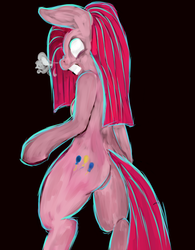 Size: 785x1005 | Tagged: safe, artist:astardragon, pinkie pie, earth pony, semi-anthro, g4, angry, arm hooves, butt, female, glowing eyes, insanity, low angle, nudity, pinkamena diane pie, plot, snorting, solo