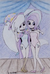 Size: 806x1200 | Tagged: safe, artist:marta4708, starlight glimmer, trixie, equestria girls, g4, blue leotard, blushing, bowtie, cape, clothes, hat, human coloration, leotard, magician outfit, pink leotard, starlight's leotard, traditional art, trixie's cape, trixie's hat